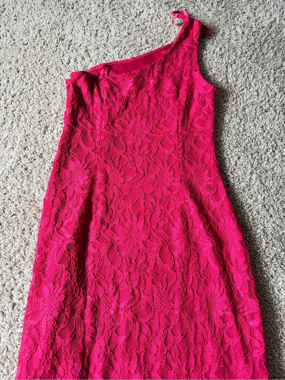 Adrianna Papell Hot Pink One-Shoulder Lace Dress with Jewel Buckle